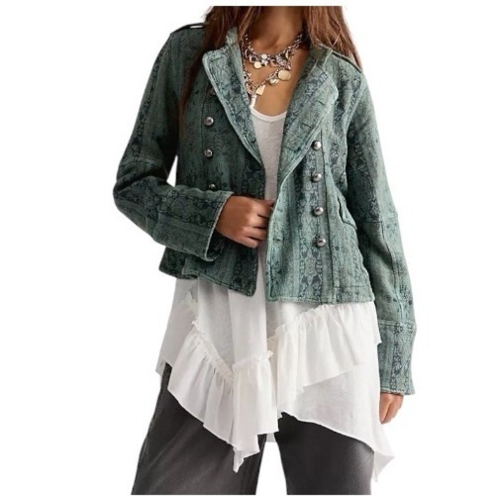 Free People Lotty Jaguard Band Jacket Womens Medium Blue Green